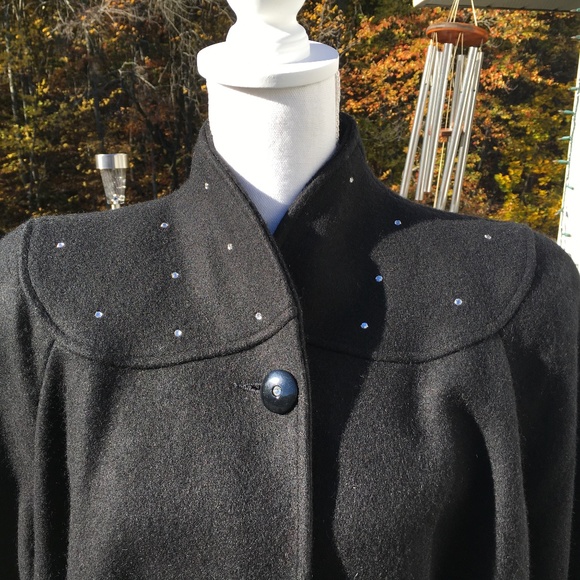 Vintage wool blend black petite swing coat with rhinestones on the shoulder area - Picture 2 of 8